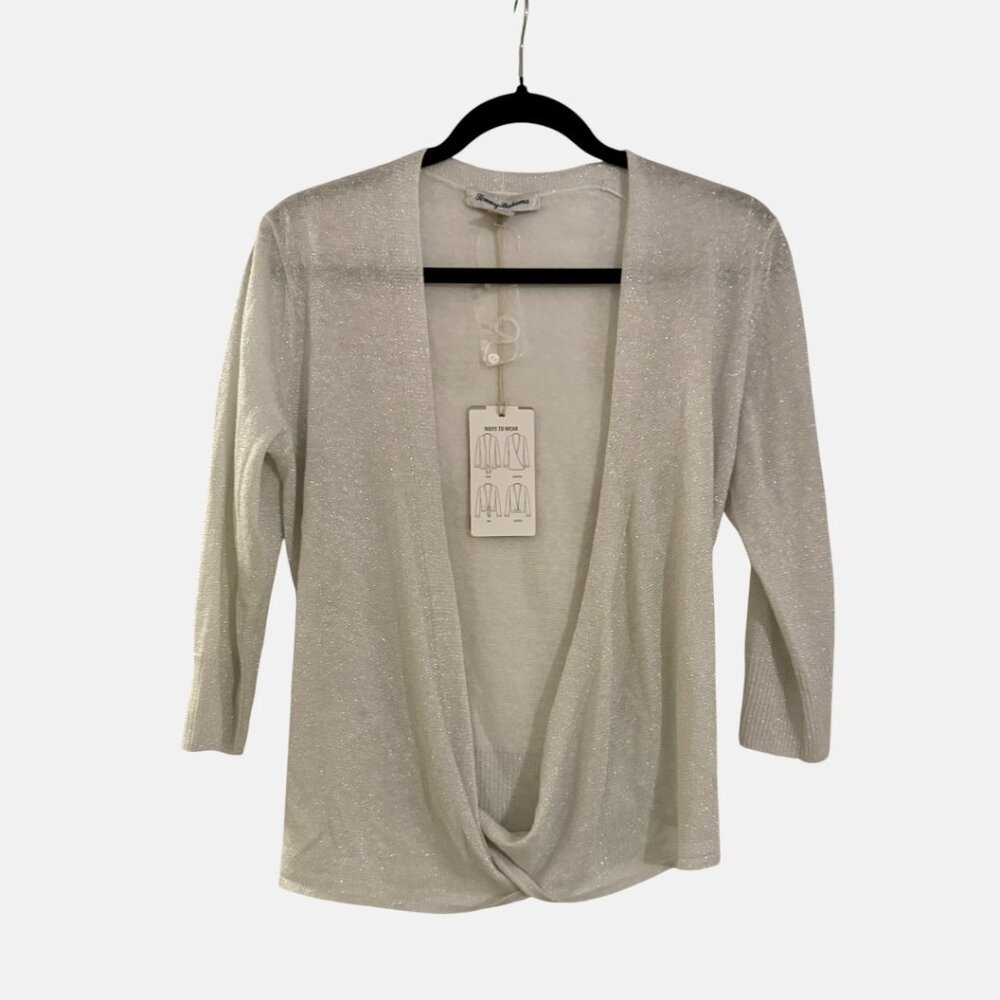 Tommy Bahama Addison Silver Shimmer Convertible Linen Blend Cardigan Size SP NWT